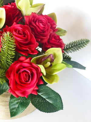 Christmas Real Touch Red Roses Arrangement-Gold Vase- Floral Decor Centerpiece- Artificial Flowers Silk Arrangement-Fake Flowers Home Decor