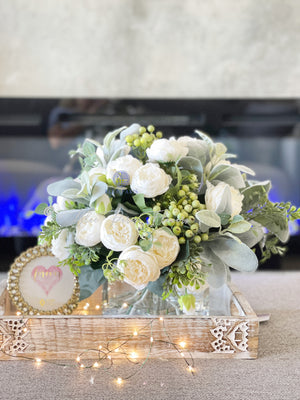 Large White Rose Peony, Berries with Greenery Arrangement, Artificial Faux Centerpiece, French Silk Floral Flowers Glass Vase for Home Decor