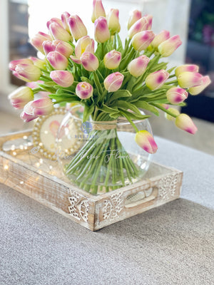 X-Large 60 Mauve Tulips | Modern Faux Floral Arrangement | Real Touch Artificial Centerpiece Faux Flowers in Glass Vase Faux Flowers in Vase