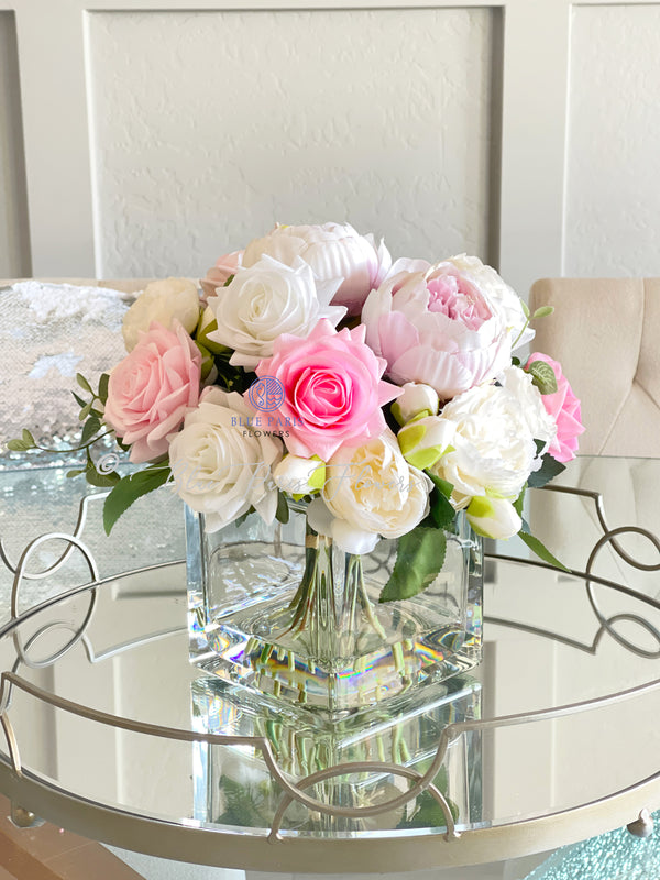Light Pink & White Roses Peonies, Real Touch, Silk Flowers Blush Peonies, Faux Flower Arrangement Table Centerpiece French Country Floral