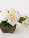 Marsala Tipped White Ivory Peony Arrangement, Artificial Faux Centerpiece