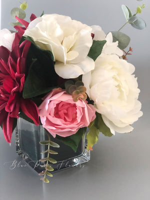 Dahlia, Roses Peonies Arrangement, Faux Flowers in Vase, Floral Decor Centerpiece