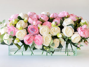 Modern Long White and Pink Rose Peony Arrangement, Artificial Faux Centerpiece Floral Flower Arrangement, Silk Flowers Glass Vase Home Decor