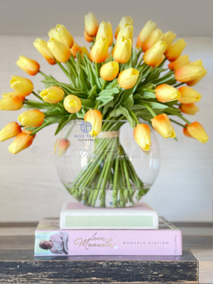 X-Large 60 Yellow Tulips | Modern Faux Floral Arrangement Real Touch Artificial Centerpiece Faux Flowers in Glass Vase Faux Flowers in Vase