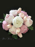Pink Peony Arrangement, Artificial Faux Centerpiece, Natural Touch Flowers in Glass Vase Home Decor