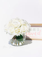 Real Touch White Roses Arrangement in Vase, French Country Artificial Flowers, Faux Floral Home Decor