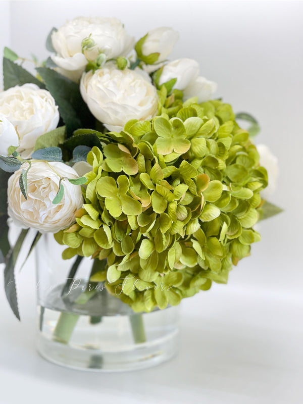 White Peony Rose Green Hydrangeas Arrangement Artificial Faux Forever Flowers in Glass Vase for Home Decor by Blue Paris Flowers