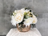White Roses Faux Flower Arrangement, Floral Home Decor | Silk Artificial Centerpiece in Gold Vase