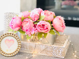 Pink Peonies Floral Arrangement, Artificial Faux Centerpiece, Flower in Metal Vase, French Country Home Decor
