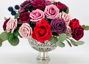 Burgundy-Cream-Pink Roses Peonies Silk/Foam Artificial Faux Flower Floral Center Arrangement in Silver Vase Home Decor by Blue Paris Flowers