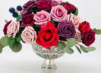 Burgundy-Cream-Pink Roses Peonies Silk/Foam Artificial Faux Flower Floral Center Arrangement in Silver Vase Home Decor by Blue Paris Flowers