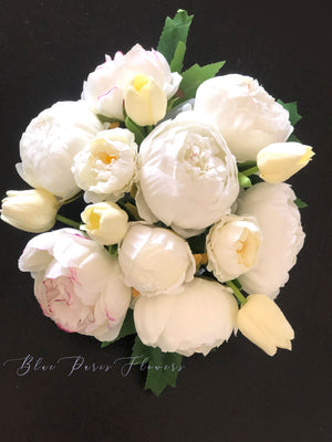 White Peony Arrangement, Artificial Faux Centerpiece, Natural Touch Flowers in Glass Vase Home Decor