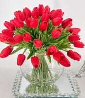 X-Large 60 Red Tulips | Modern Faux Floral Arrangement | Real Touch Artificial Faux Forever Flowers in Glass Vase, Faux Flowers in Vase