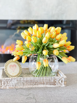 X-Large 60 Yellow Tulips | Modern Faux Floral Arrangement Real Touch Artificial Centerpiece Faux Flowers in Glass Vase Faux Flowers in Vase
