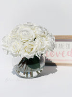 Real Touch White Roses Arrangement in Vase, French Country Artificial Flowers, Faux Floral Home Decor