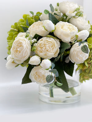 White Peony Rose Green Hydrangeas Arrangement Artificial Faux Forever Flowers in Glass Vase for Home Decor by Blue Paris Flowers