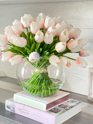 X-Large 60 Light Pink Tulips | Modern Faux Floral Arrangement | Real Touch Artificial Faux Forever Flowers in Glass Vase, Faux Flowers, Vase