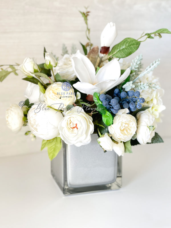 Floral Arrangement, White Hydrangea, Peonies, Magnolia, Blueberries, Silk Artificial Flower Centerpiece, Faux Silk Flowers in Chrome Vase