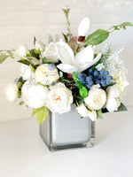 Floral Arrangement, White Hydrangea, Peonies, Magnolia, Blueberries, Silk Artificial Flower Centerpiece, Faux Silk Flowers in Chrome Vase