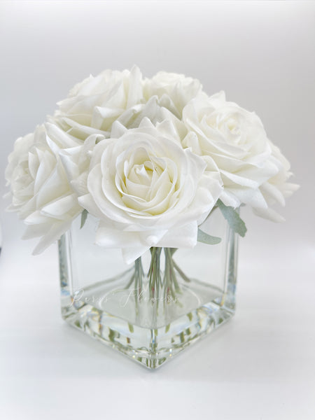 White Real Touch Roses Arrangement, Artificial Faux Centerpiece