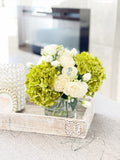 White Peony Rose Green Hydrangeas Arrangement Artificial Faux Forever Flowers in Glass Vase for Home Decor by Blue Paris Flowers