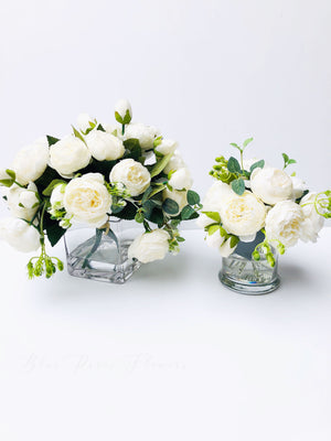 White Rose Peony Arrangement, Artificial Faux Centerpiece, Silk Flowers in Glass Vase for Home Decor