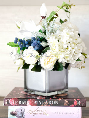 Floral Arrangement, White Hydrangea, Peonies, Magnolia, Blueberries, Silk Artificial Flower Centerpiece, Faux Silk Flowers in Chrome Vase