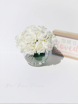 Real Touch White Roses Arrangement in Vase, French Country Artificial Flowers, Faux Floral Home Decor