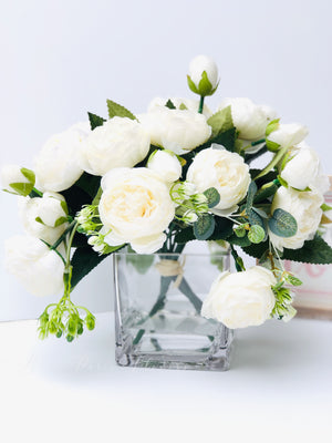 White Rose Peony Arrangement, Artificial Faux Centerpiece, Silk Flowers in Glass Vase for Home Decor