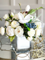 Floral Arrangement, White Hydrangea, Peonies, Magnolia, Blueberries, Silk Artificial Flower Centerpiece, Faux Silk Flowers in Chrome Vase