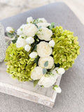 White Peony Rose Green Hydrangeas Arrangement Artificial Faux Forever Flowers in Glass Vase for Home Decor by Blue Paris Flowers