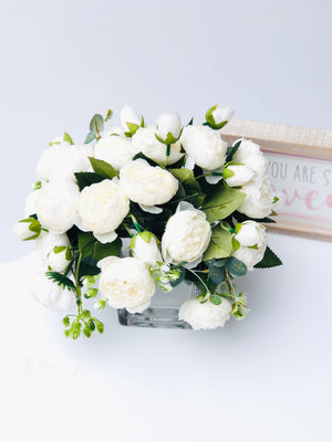 White Rose Peony Arrangement, Artificial Faux Centerpiece, Silk Flowers in Glass Vase for Home Decor