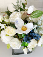 Floral Arrangement, White Hydrangea, Peonies, Magnolia, Blueberries, Silk Artificial Flower Centerpiece, Faux Silk Flowers in Chrome Vase