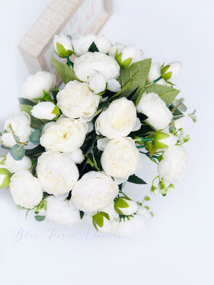 White Rose Peony Arrangement, Artificial Faux Centerpiece, Silk Flowers in Glass Vase for Home Decor