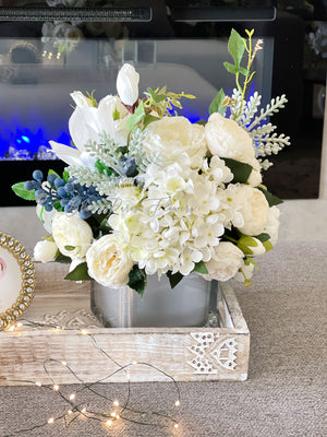 Floral Arrangement, White Hydrangea, Peonies, Magnolia, Blueberries, Silk Artificial Flower Centerpiece, Faux Silk Flowers in Chrome Vase