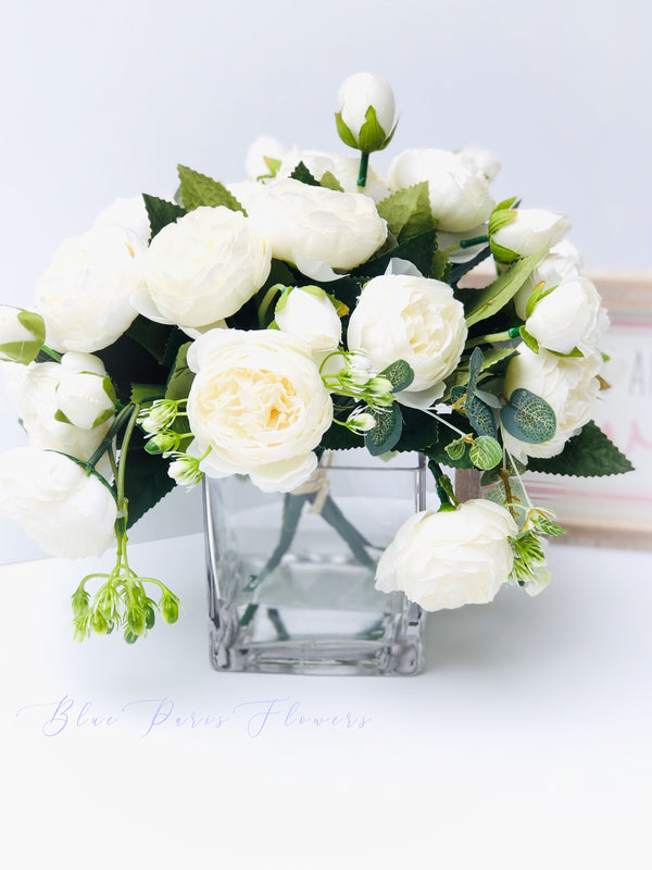 White Rose Peony Arrangement, Artificial Faux Centerpiece, Silk Flowers in Glass Vase for Home Decor