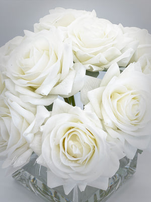 White Real Touch Roses Arrangement, Artificial Faux Centerpiece, Natural touch Flowers in Glass Vase
