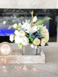 Floral Arrangement, White Hydrangea, Peonies, Magnolia, Blueberries, Silk Artificial Flower Centerpiece, Faux Silk Flowers in Chrome Vase