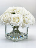 White Real Touch Roses Arrangement, Artificial Faux Centerpiece, Natural touch Flowers in Glass Vase