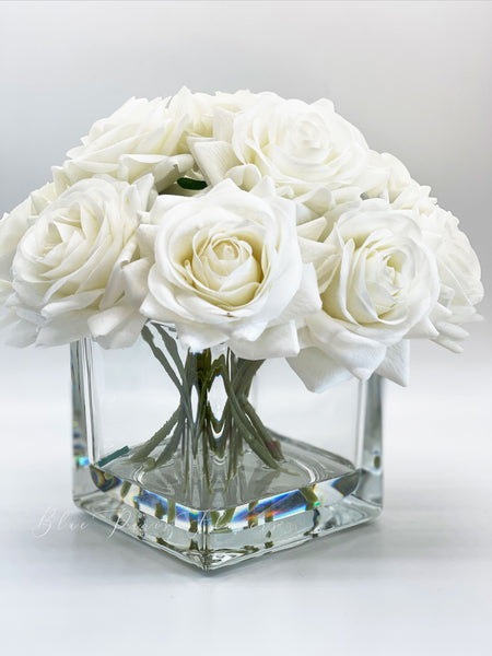 Artificial White Rose Stems in Rectangle Glass Vase