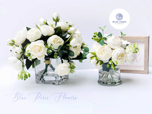 White Rose Peony Arrangement, Artificial Faux Centerpiece, Silk, Fake Flowers in Glass Vase-Table Centerpiece-Gift-Home Decor