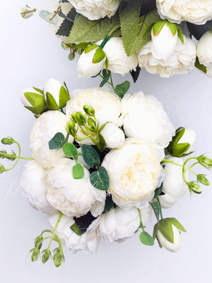 White Rose Peony Arrangement, Artificial Faux Centerpiece, Silk Flowers in Glass Vase for Home Decor