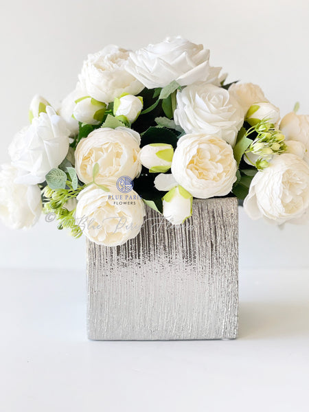 White Rose Peony Arrangement, Artificial Faux Table Centerpiece, French Floral Silk Flowers in Silver Vase for Home or Office Decor & Gift