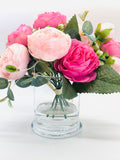 White or Pink Rose Peony Arrangement Artificial Faux Centerpiece Silk Flowers in Glass Vase for Home Decor by Blue Paris Flowers