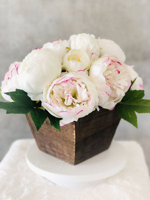 Marsala Tipped White Ivory Peony Arrangement, Artificial Faux Centerpiece