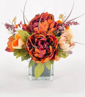 Fall or Thanksgiving Arrangement, Brown Peonies in Vase, Floral Decor Centerpiece, Faux Florals Artificial Flowers Silk Floral Decor