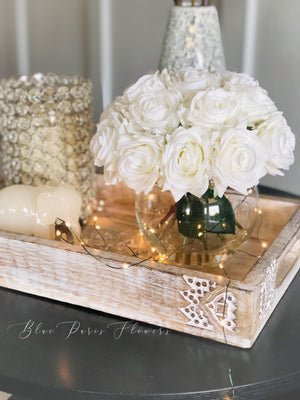 Real Touch White Roses Arrangement in Vase, French Country Artificial Flowers, Faux Floral Home Decor