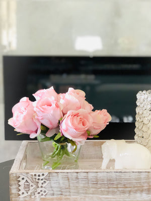 Light Pink Rose Arrangement Real Touch | French Country | Centerpiece | Artificial Faux Forever Flowers in Glass Vase