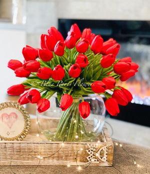 X-Large 60 Red Tulips | Modern Faux Floral Arrangement | Real Touch Artificial Faux Forever Flowers in Glass Vase, Faux Flowers in Vase