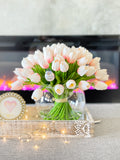 X-Large 60 Light Pink Tulips | Modern Faux Floral Arrangement | Real Touch Artificial Faux Forever Flowers in Glass Vase, Faux Flowers, Vase